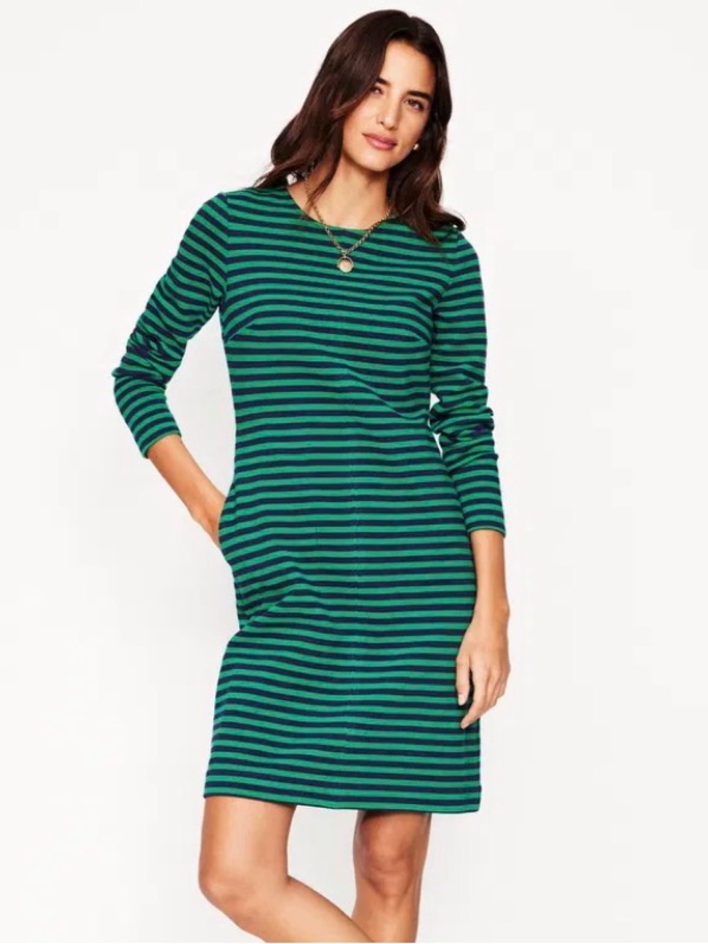 Boden Cornelia Ottoman Dress Green Navy Stripe Long Sleeve US 8L